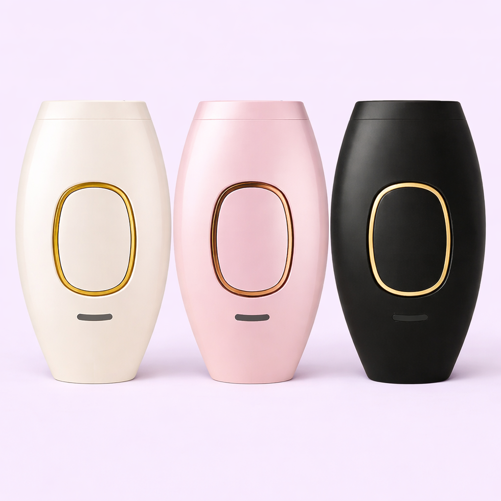 Three cylindrical containers in white, pink, and black with gold accents on a light purple background.