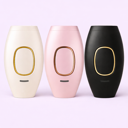 Three cylindrical containers in white, pink, and black with gold accents on a light purple background.